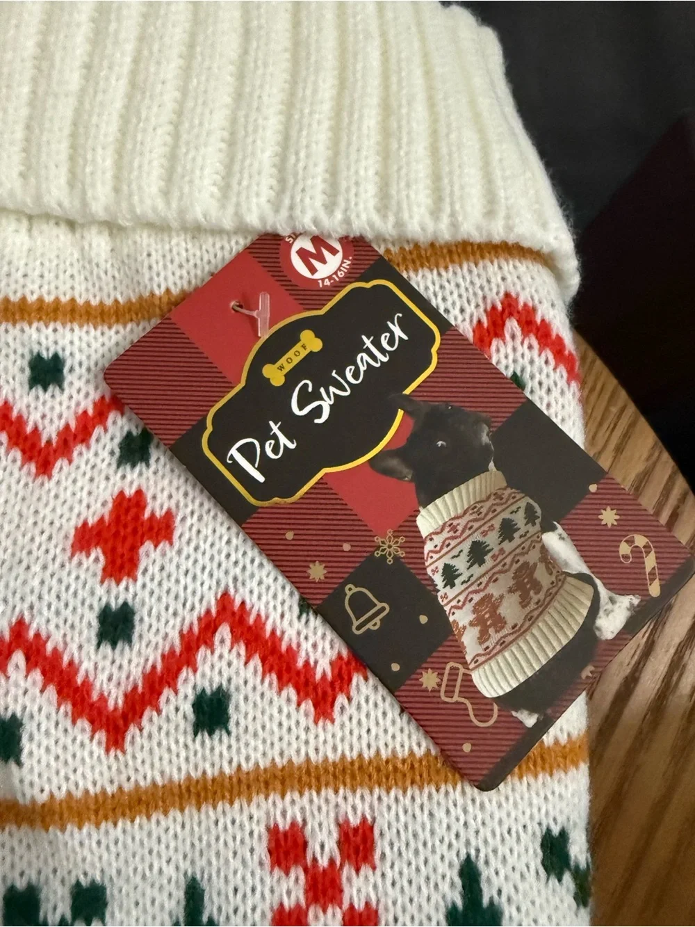 Pet Sweater - White with Red & Green Holiday Pattern Size M